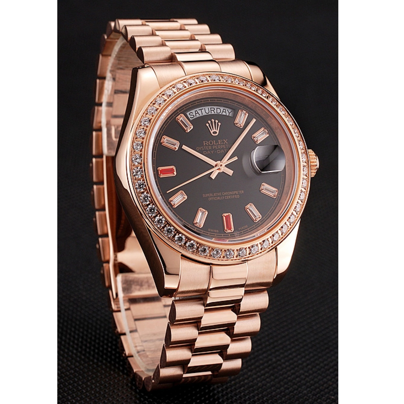 Aaa replica Diamonds Rolex Gold Dial 1454102 Bracelet And Rose Black Day-Date Rubies Swiss 0528